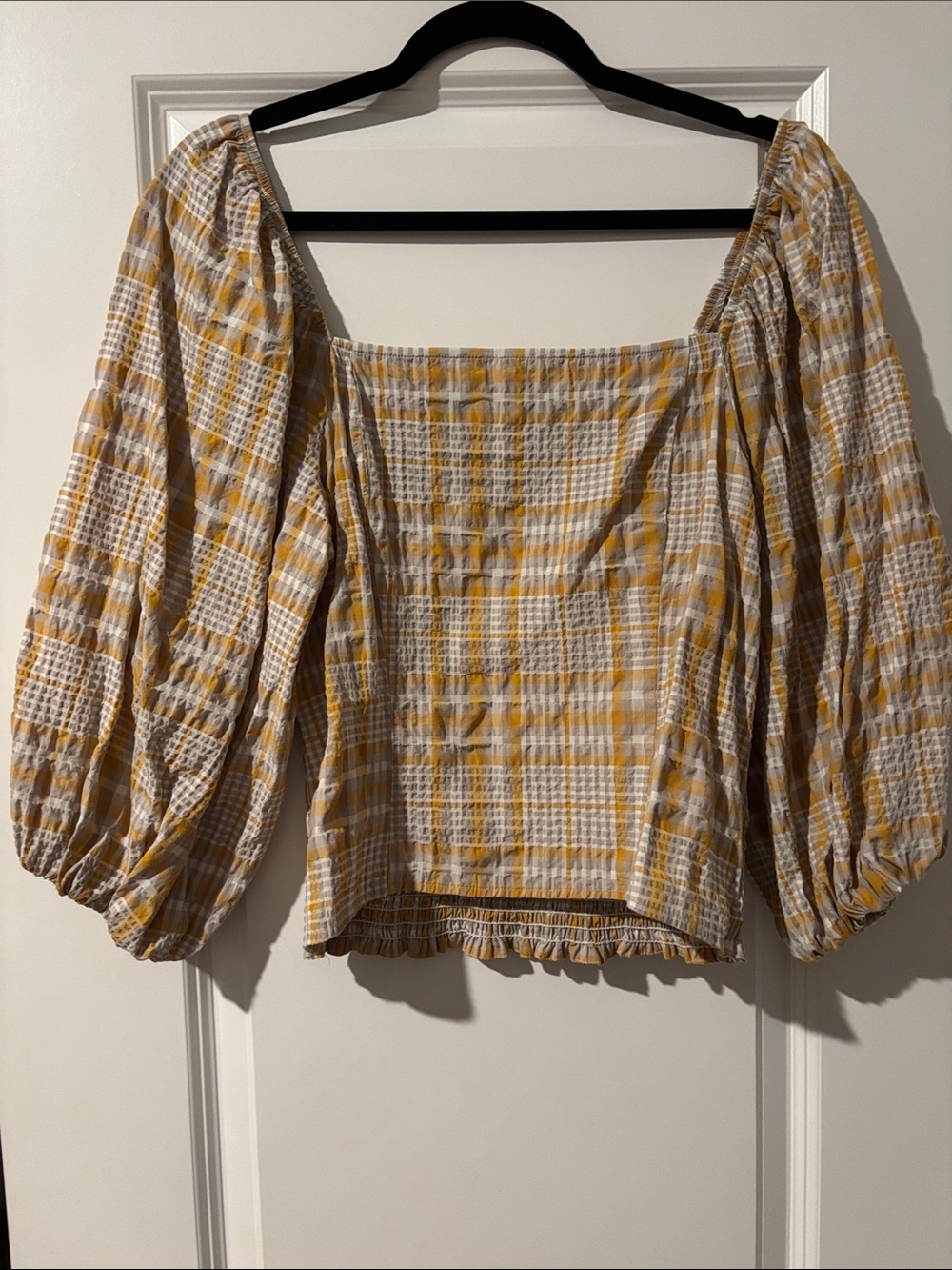 Anthropologie Yellow and White Plaid Puff-Sleeve Square-Neck Top